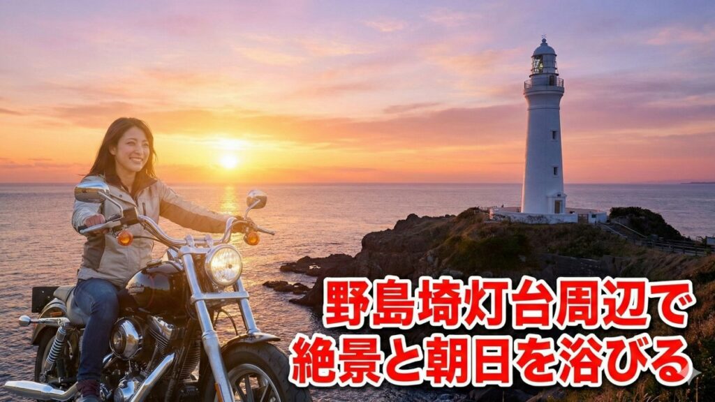 野島埼灯台周辺で絶景と朝日を浴びる